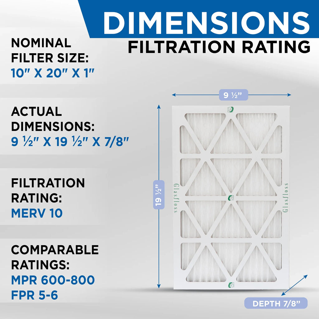 Glasfloss. x Actual 9-1/2 10x20x1 x of 12 Size: 19-1/2 atmospheric Pack 7/8 MERV by 10 Filters Pleated