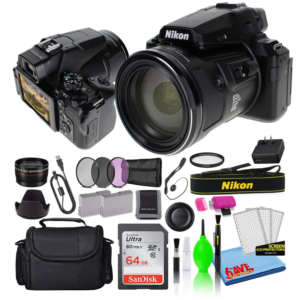 SD with Card Nikon 16MP Digital Filters 64GB + More Super Bag + COOLPIX + Zoom Lens (26532) Package Battery + P950 Telephoto Camera + Extra