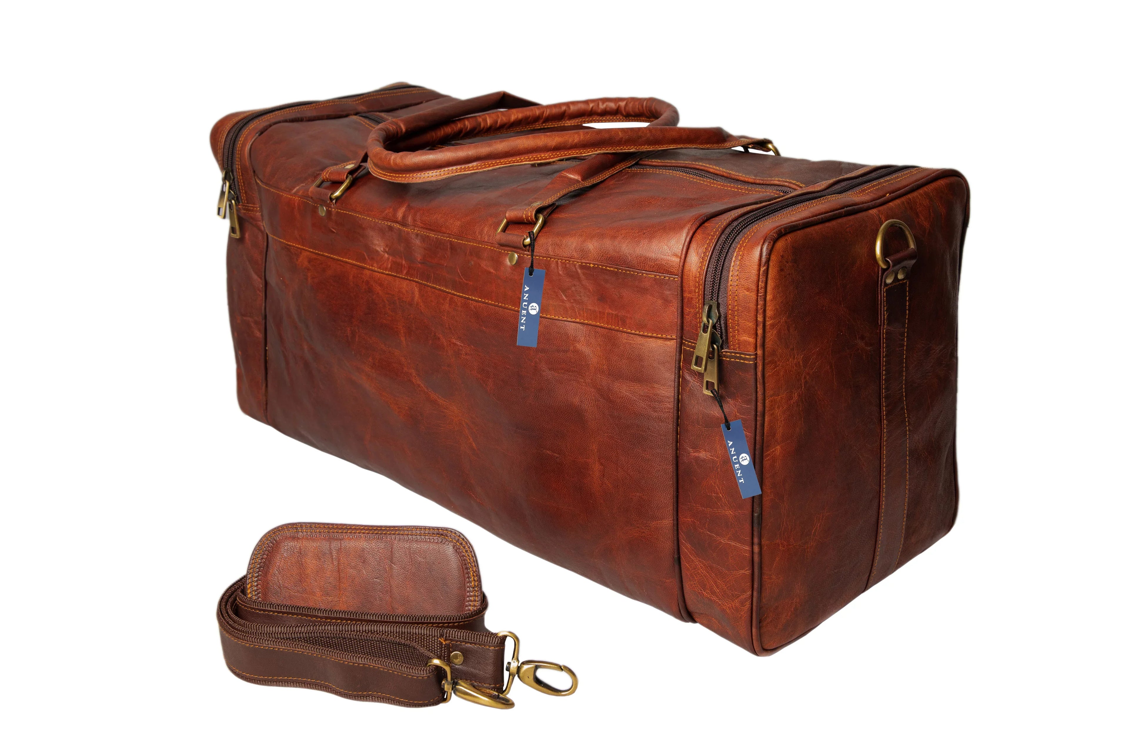 Brown Handmade Square Weekender Travel Leather Duffle Bag.