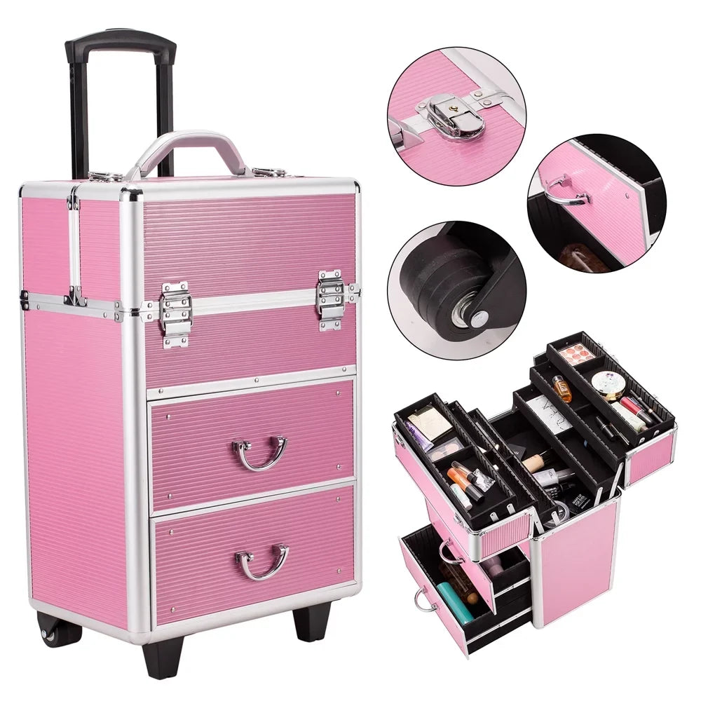 Trays, with Cosmetic Extendable Cosmetic Lockable Organizer Train for Cases, Rolling Case Makeup WRWQ852 Tier Wheels Case Women, Makeup Pink Cosmetic 4 Rolling