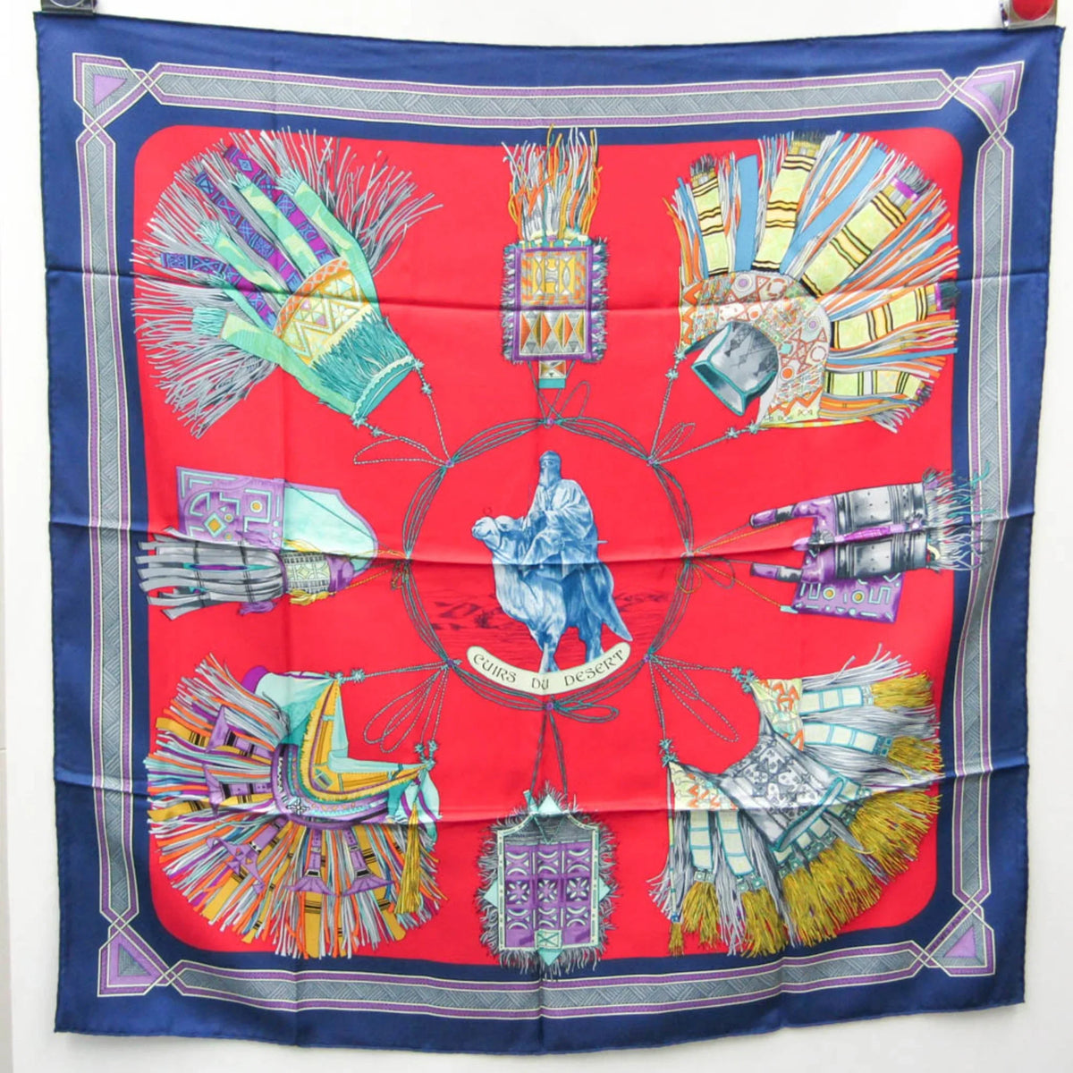 Hermes Women's DESERT Scarf Multi-color,Navy,Red Silk Color CUIRS Carre90 (Good) DU Pre-Owned