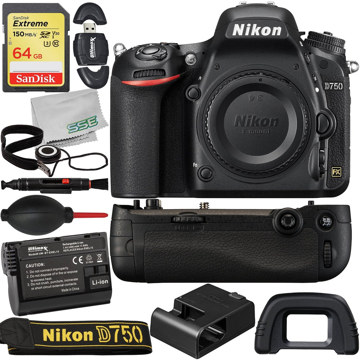 (18pc Card, & Life Bundle) Extreme DSLR Memory Power More Extended with (Body Battery SanDisk Nikon + Camera Multi Replacement MB-D16 64GB Pack SDXC Battery Only) D750
