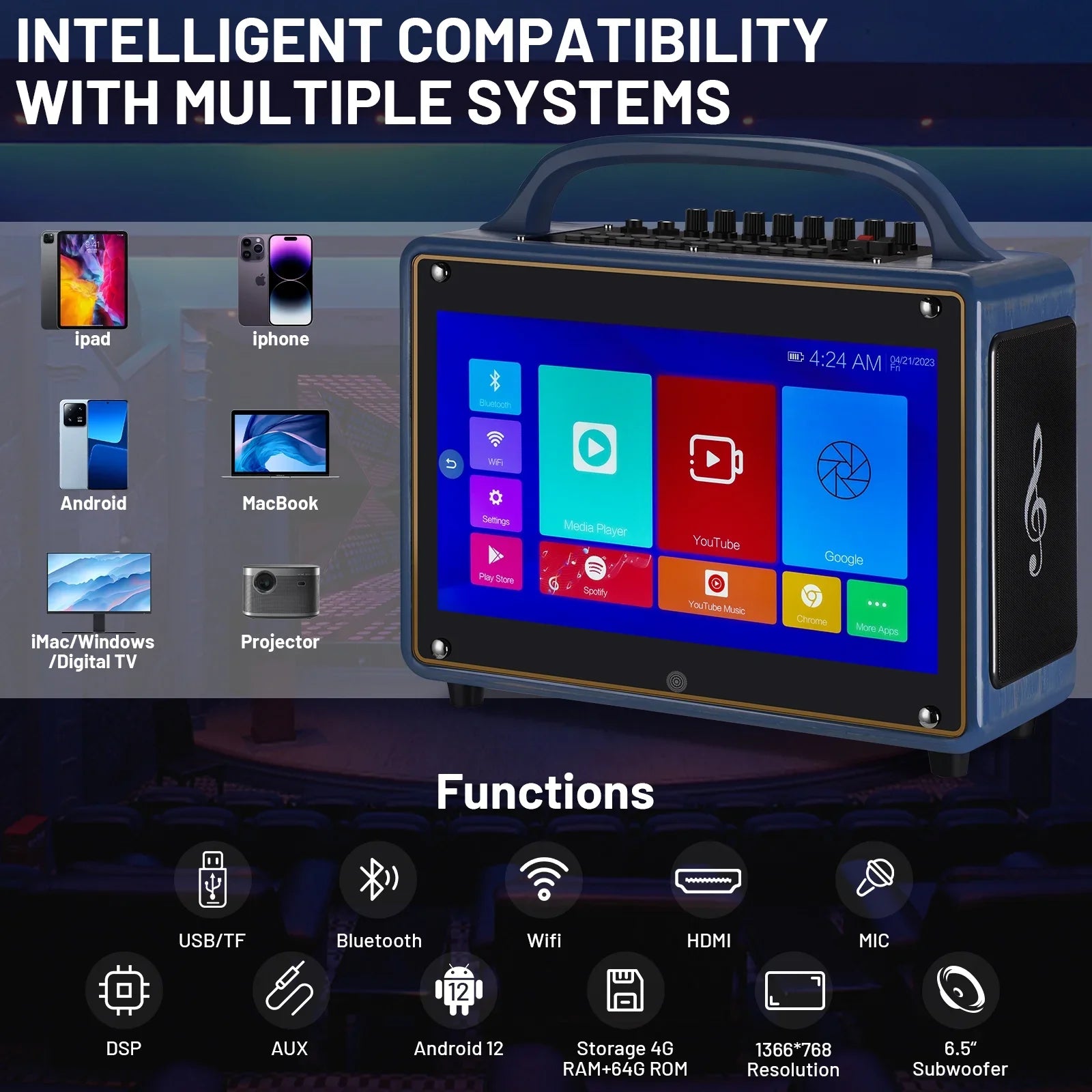 Screen/Android Machine Loudspeaker BT Wireless Adults&Kid,14”HD Touch Microphone/WiFi/USB/SD/PC/TV/Phones/HDMI for Karaoke 12/4+64G,Support Systems transportable Streaming
