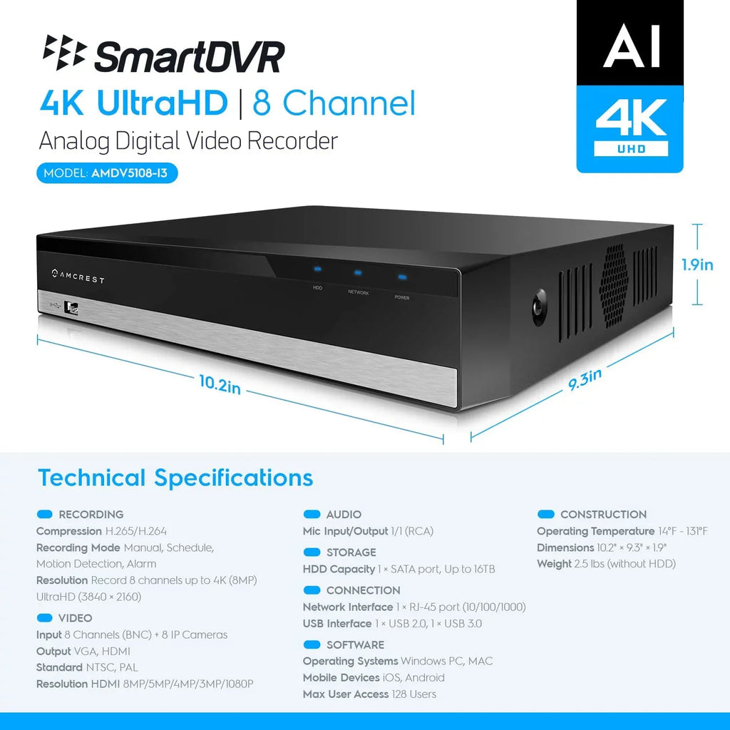 Analog 8 Amcrest & Face Detection Smart (AMDV5108-I3) 4K Channel Human AI for & IP Vehicle Amcrest Recognition, Cameras AI DVR Security AI DVR System Security Camera DVR, Cameras, Recorder,