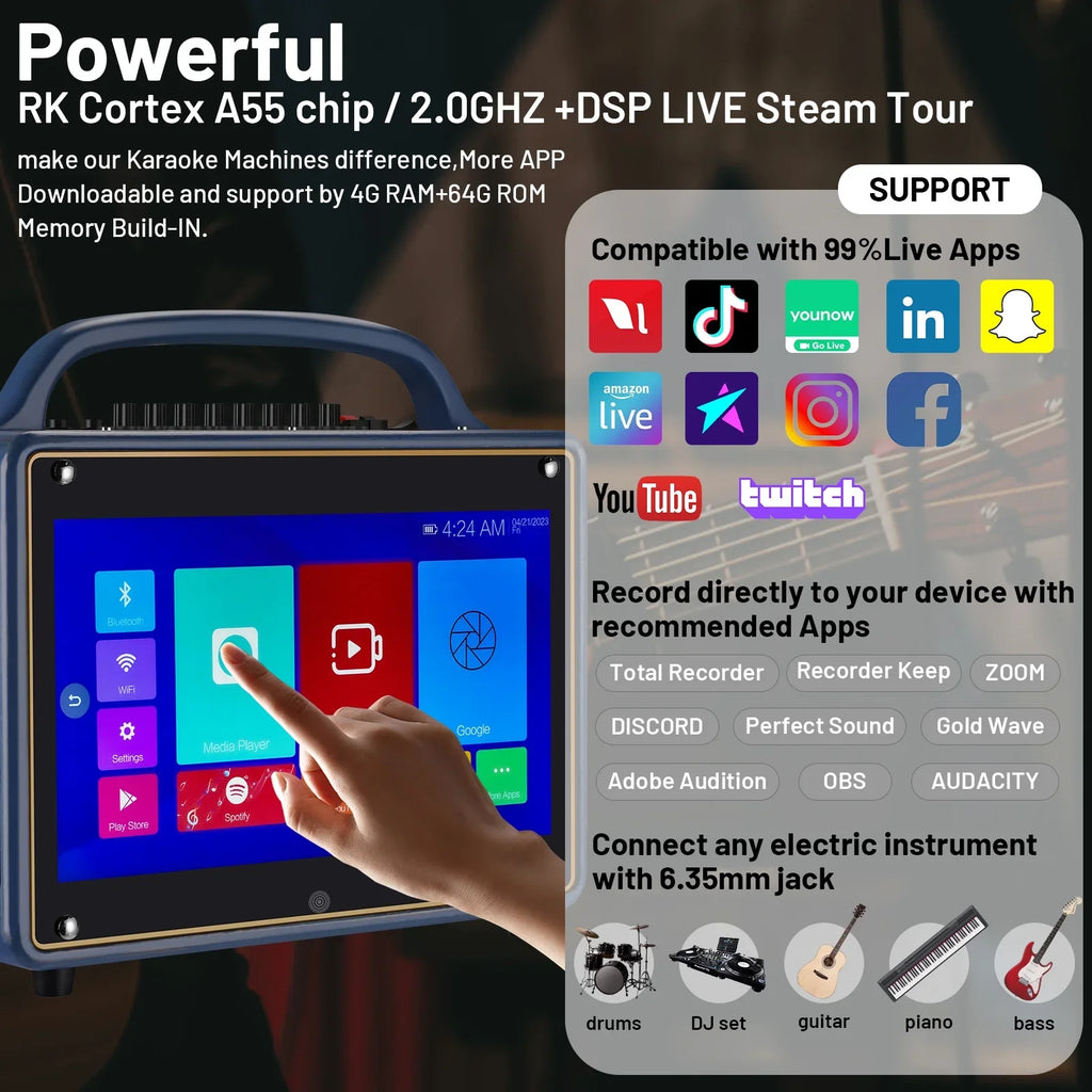 Screen/Android Machine Loudspeaker BT Wireless Adults&Kid,14”HD Touch Microphone/WiFi/USB/SD/PC/TV/Phones/HDMI for Karaoke 12/4+64G,Support Systems transportable Streaming