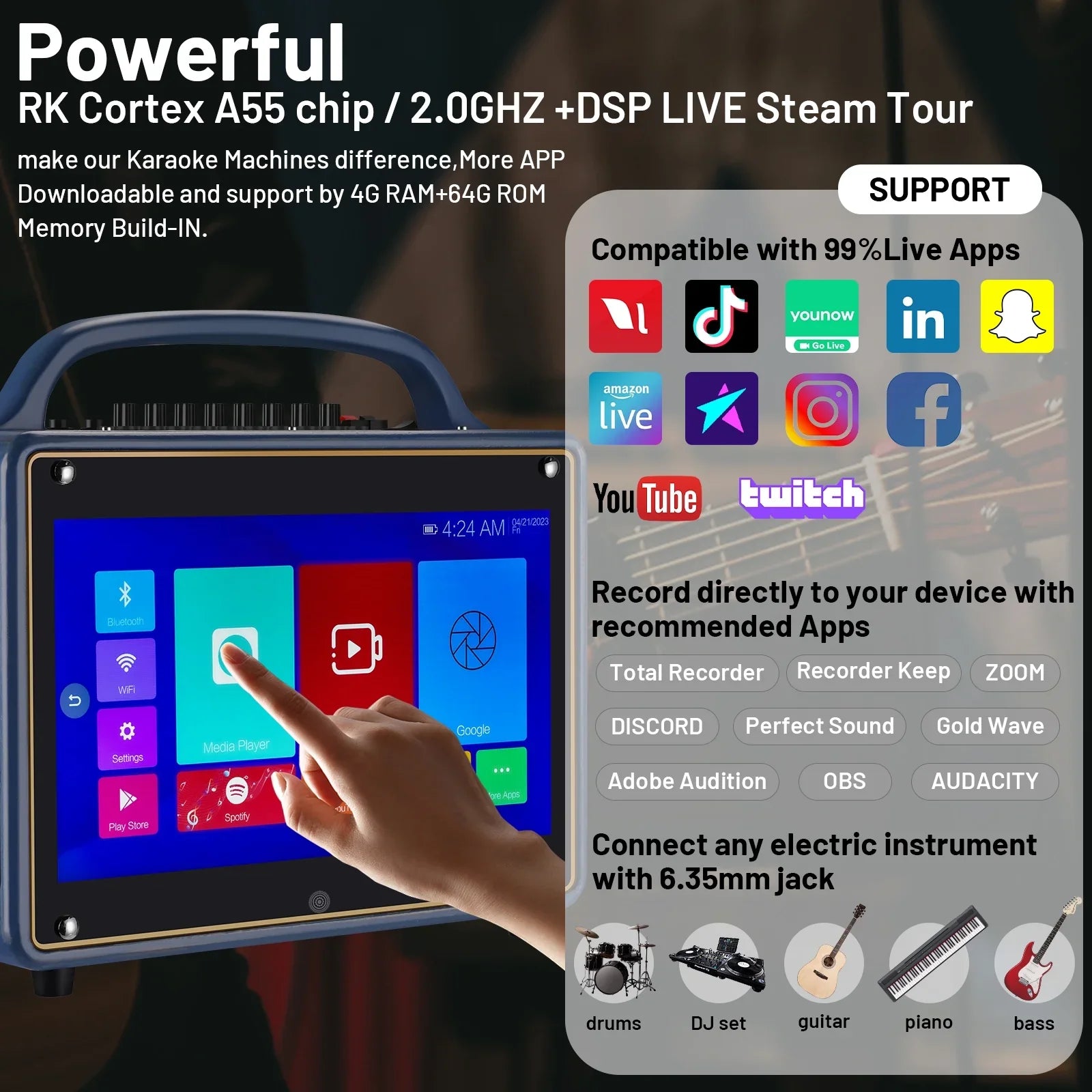 Screen/Android Machine Loudspeaker BT Wireless Adults&Kid,14”HD Touch Microphone/WiFi/USB/SD/PC/TV/Phones/HDMI for Karaoke 12/4+64G,Support Systems transportable Streaming