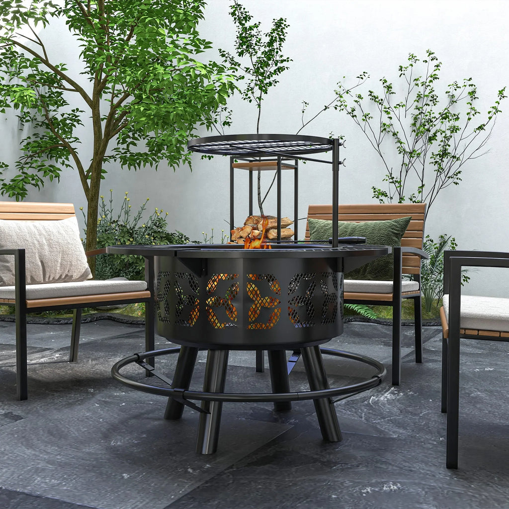 Picnic, for Round, Cooking Adjustable Poker, Backyard, Outdoor Grate BBQ with Wood and Pit Patio, Grill Black 33" Burning Fire Firepit Capri