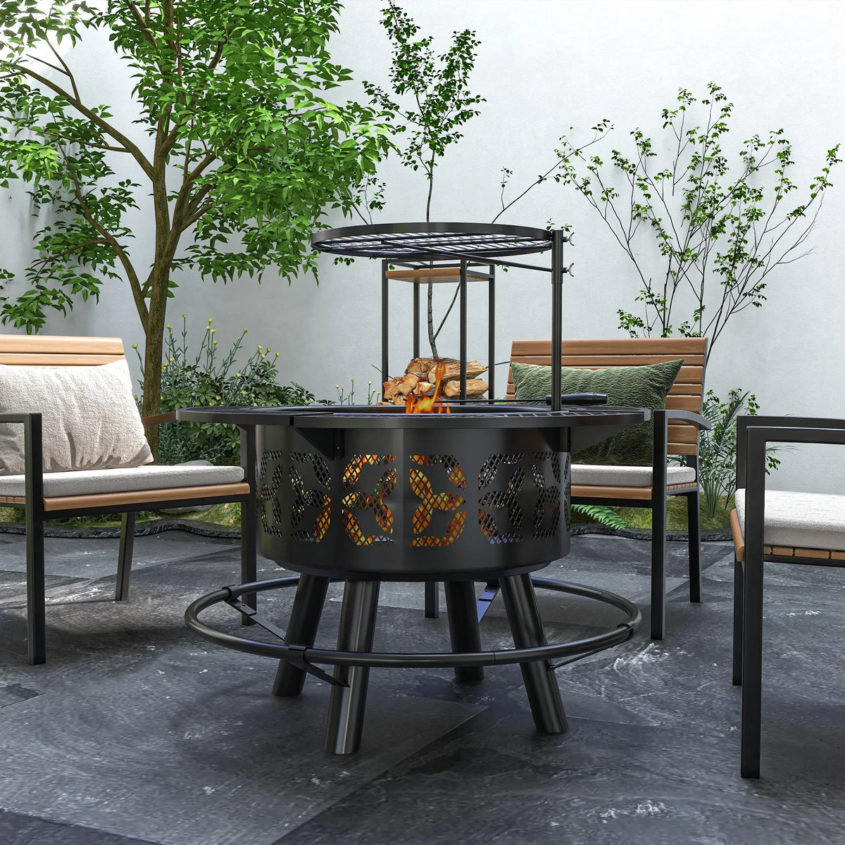 Picnic, for Round, Cooking Adjustable Poker, Backyard, Outdoor Grate BBQ with Wood and Pit Patio, Grill Black 33" Burning Fire Firepit Capri