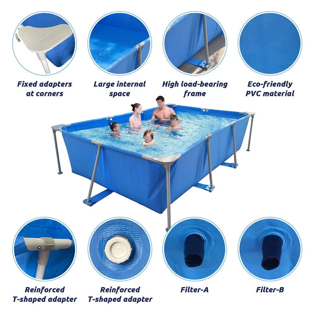 Kids Above Adults Ground Frame Family for Pool, Rectangular Swimming Pool Outdoor Pool, Large Metal