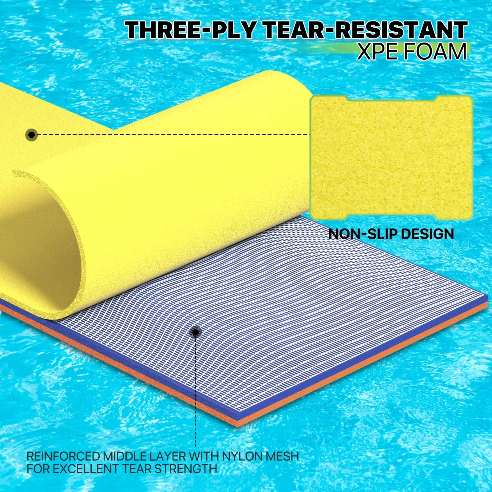 Outdoor Water XPE Water Pad 3' Tear-Resistant Pad Mat, River Lake Foam 3-Layer x Water Floating 9' Activities, Pool Ocean Floating Yellow for Magshion Lily