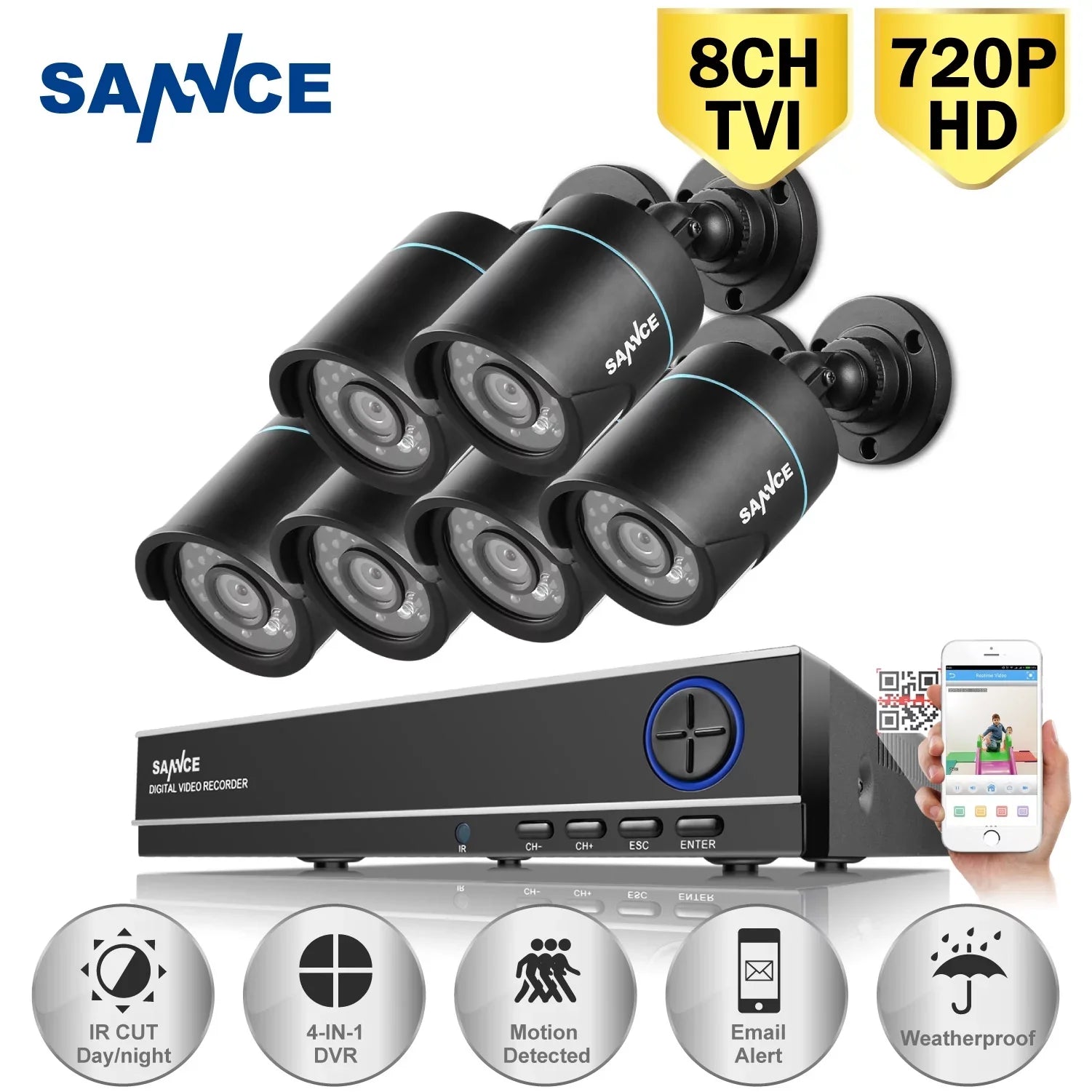 IR Security HDD with Cameras 720P 6Pcs 8CH 960H Surveillance No CCTV Included Kits System Video HD SANNCE Motion Home DVR Outdoor Detection,