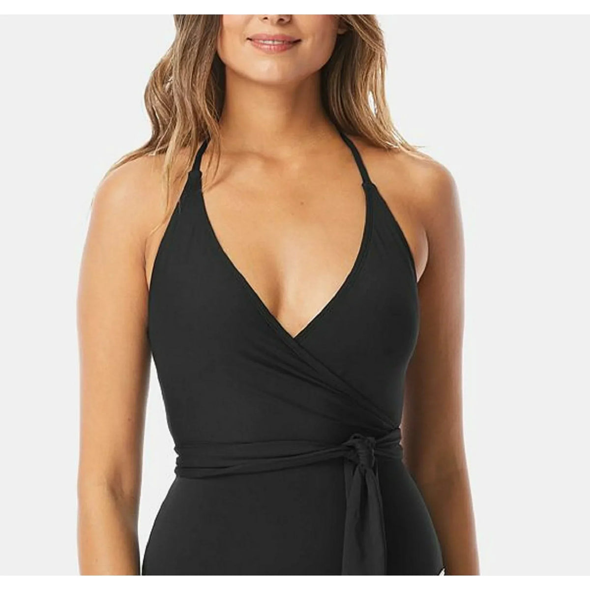 14 Tie Swimsuit Camuto Wrap Piece V Size One Vince Women's Neck Black