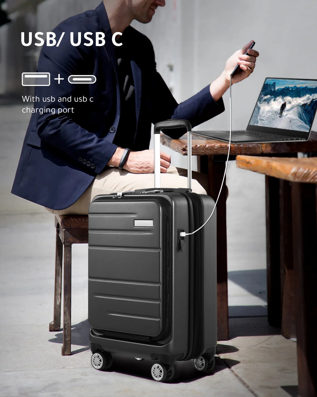 on Hardshell with Carry Front USB Luggage, Port Pocket and LUGGEX Expandable Suitcase