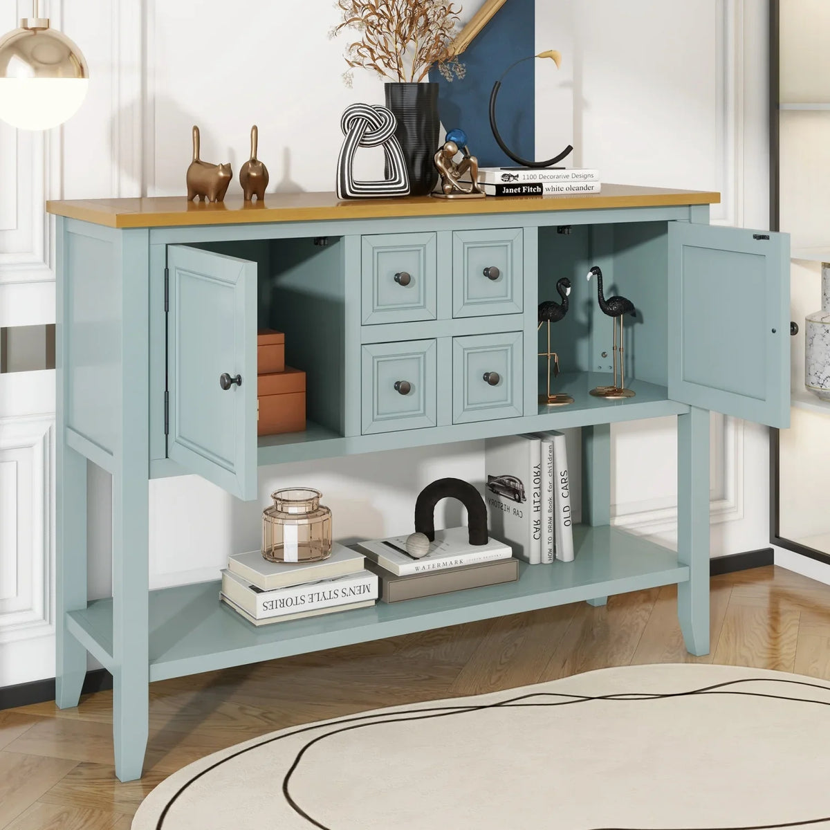 Drawers Kitchens Series with WF190263AAE) Living Shelf Vintage Console Rooms Ample Storage SKU (Antique Gray Small and TREXM Bottom Table for and Entrances OLD Four Cambridge