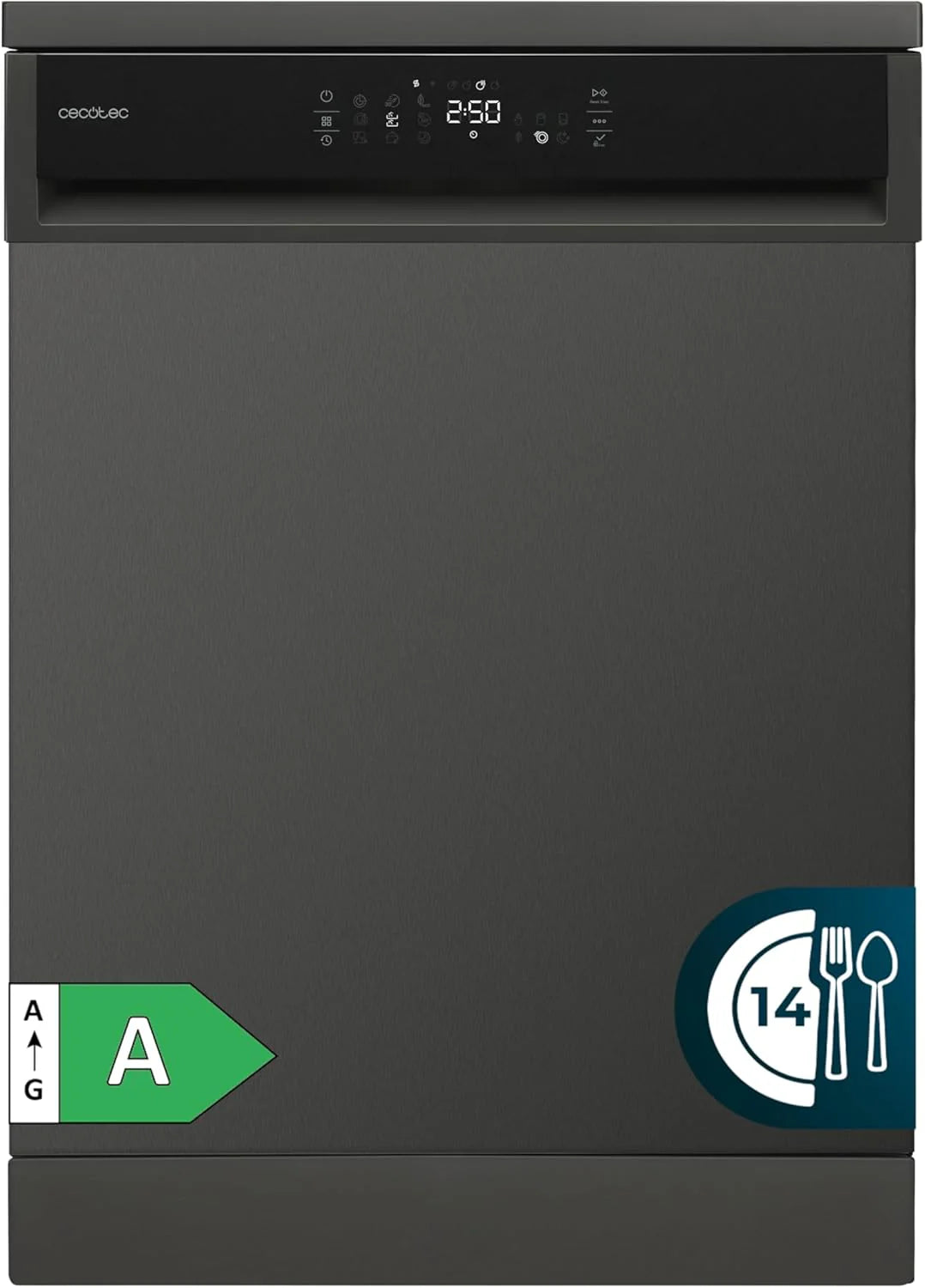 Cecotec Zmywarka 60 Cm Bolero Aguazero 6800 Dark A. 14 Sztućców, Niskie Zużycie Energii, Silnik Inwerterowy Plus Duo, 8 Programów, Mycie Automatyczne,